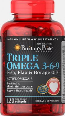 Потрійна омега 3-6-9 олія риби, льону і огірочника, Triple Omega 3-6-9 Fish, Flax,Borage Oils, Puritan's Prideг, 120 капсул