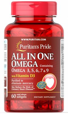 Все в одному Омега 3, 5, 6, 7 і 9 з вітаміном D3, All In One Omega 3, 5, 6, 7,9 with Vitamin D3, Puritan's Pride, 150 г