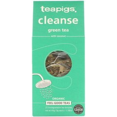 Очисний зелений чай з кокосом, Cleanse Green Tea with Coconut, TeaPigs, 15 чайних пакетиків по 45 г