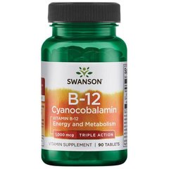 Витамин B-12 Куаноцобаламин - тройного действия, Vitamin B-12 Cyanocobalamin - Triple Action, Swanson, 1,000 мкг, 90 таблеток купить в Киеве и Украине