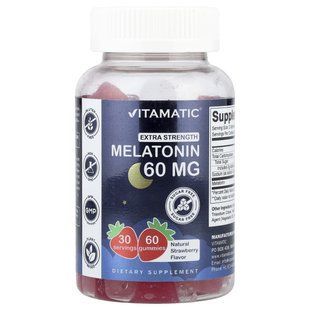 Vitamatic, Extra Strength Melatonin Gummies, Natural Strawberry, Sugar Free, 60 mg, 60 Gummies купить в Киеве и Украине