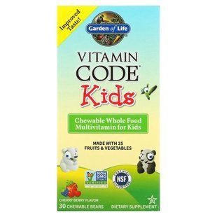 Garden of Life, Vitamin Code, chewable whole food multivitamins for children, with cherry flavor, 30 chewable bears