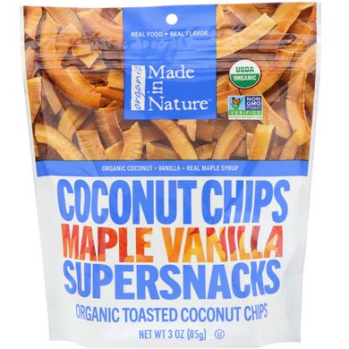 Органічні, кокосові чіпси, Суперснеки з кленовим сиропом і ваніллю, Made in Nature, 85 г