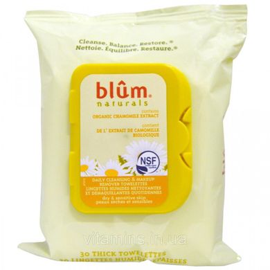 Ежедневные салфетки для снятия макияжа и очистки кожи, Blum Naturals, 30 толстых салфеток