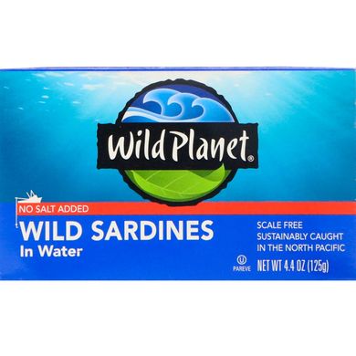 Сардини, виловлені в диких умовах, в воді, Без додавання солі, Wild Planet, 4,4 унц (125 г)