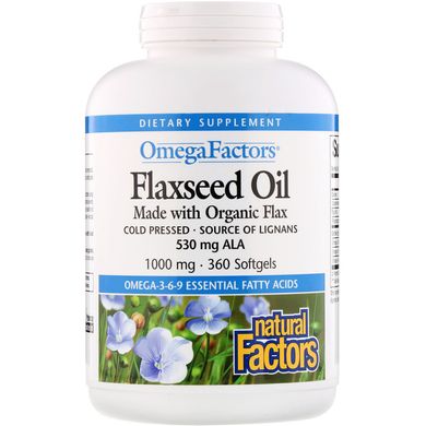 Лляна олія Natural Factors (Flaxseed Oil) 1000 мг 360 гелевих капсул