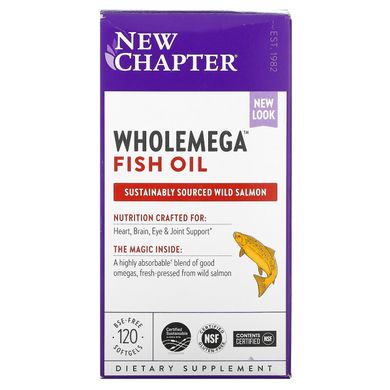Цілісний риб'ячий жир дикого лосося Аляски, Wholemega, New Chapter, 1000 мг, 120 м'яких капсул