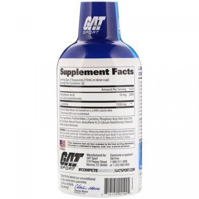 Рідкий L-Карнітин GAT (L-Carnitine) 1500 мг 473 мл зі смаком лимона