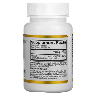 Вітамін Д3 California Gold Nutrition (Vitamin D3) 50 мкг 2000 МО 90 капсул