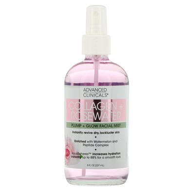 Колаген + рожева вода, помпа + сяючий спрей для обличчя, Collagen + Rosewater, Pump + Glow Facial Mist, Advanced Clinicals, 237 мл