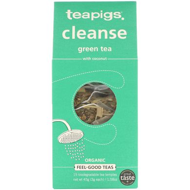Очисний зелений чай з кокосом, Cleanse Green Tea with Coconut, TeaPigs, 15 чайних пакетиків по 45 г