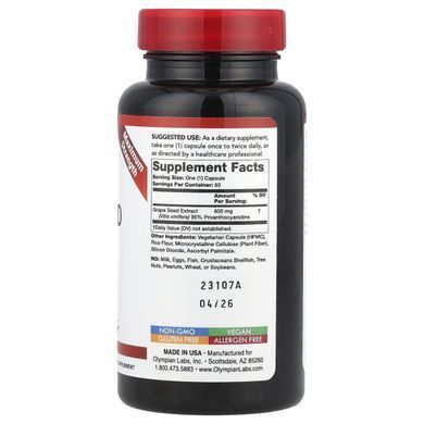 Екстракт виноградних кісточок Olympian Labs Inc. (Grape Seed Extract) 600 мг 60 капсул