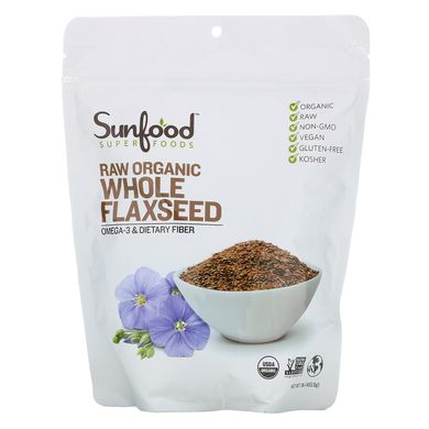 Сире органічне незбиране лляне насіння, Superfoods, Raw Organic Whole Flaxseed, Sunfood, 453.5 г