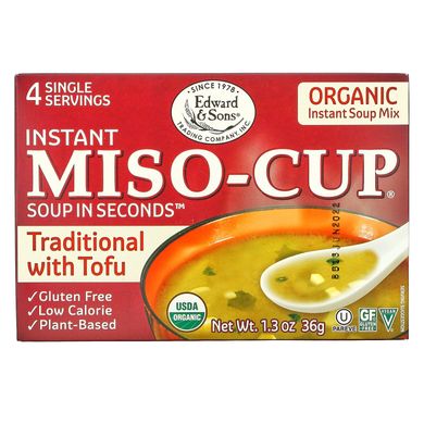 Органічний місо-суп, традиційний суп з тофу, Edward & Sons, 4 пакетика по 1 порції, 9 г кожен