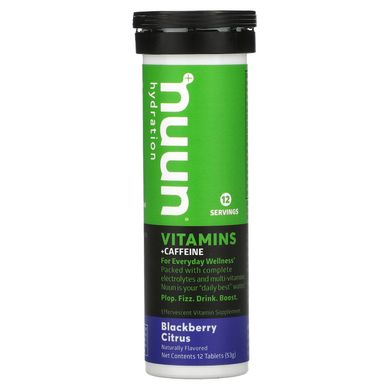 Nuun, Зволоження, вітаміни + кофеїн, шипуча вітамінна добавка, ожина та цитрусові, 12 таблеток