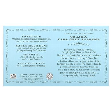 Harney & Sons, Rich Traditional Black Tea, Organic Earl Grey Supreme, 50 tea bags, 3.17 ounces (90 g)