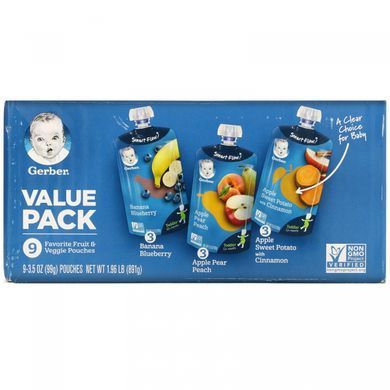 Value Pack, 12+ Months, Favorite Fruit & Veggie, 9 пакетов по 3,5 ounces (99 g) каждый would translate to Value Pack, 12+ Months, Favorite Fruit & Veggie, 9 bags of 3.5 ounces (99 g) each. So the translated parts would be: пакетов to bags and каждый to