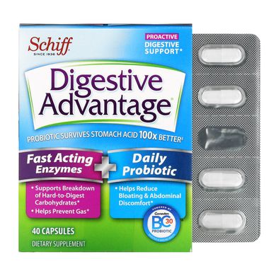 Добавка для покращення травлення Digestive Advantage, швидкодіючі ферменти + щоденний пробіотик, Schiff, 40 капсул