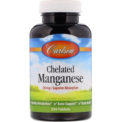 Марганець Carlson Labs (Chelated Manganese) 20 мг 250 таблеток