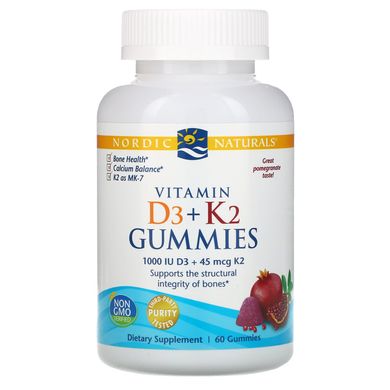 Жувальні вітаміни Д3 + K2, гранат, Nordic Vitamin D3 + K2 Gummies, Nordic Naturals, 60 ведмедиків