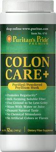 Уход за толстой кишкой + (очищенная / порошкообразная шелуха псиллиума), Colon Care + (Purified/Powdered Psyllium Husk), Puritan's Pride, 340 грам купить в Киеве и Украине
