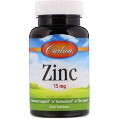 Цинк, Zinc, Carlson Labs, 15 мг, 250 таблеток купить в Киеве и Украине