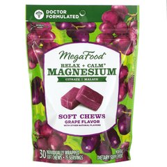 М'які жувальні таблетки з магнієм для релаксу і спокою, виноград, Relax + Calm Magnesium Soft Chews, Grape, MegaFood, 30 м'яких жувальних таблеток в індивідуальній упаковці