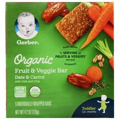 Органічний фруктово-вегетаріанський батончик, 12+ місяців, фінік і морква, Organic Fruit,Veggie Bar, 12+ months, Date,Carrot, Gerber, 5 батончиків в індивідуальній упаковці, 120 г