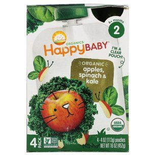 Детское пюре со шпинатом яблоком и к капустой органик Happy Family Organics (Baby Food) 2 этап 4 пакета по 113 г купить в Киеве и Украине
