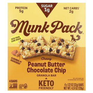Munk Pack, Chewy Granola Bar, Peanut Butter Chocolate Chip , 4 Bars, 1.12 oz (32 g) Each купить в Киеве и Украине