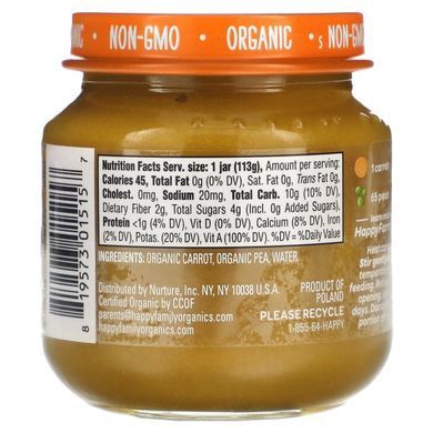 Happy Family Organics, Happy Baby, для дітей від 6 місяців, морква та горошок, 113 г (4 унції)