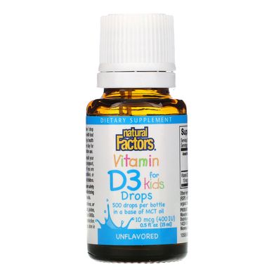 Краплі вітаміну D3, без ароматизаторів, Natural Factors, 400 МО, 0,5 р унц (15 мл)