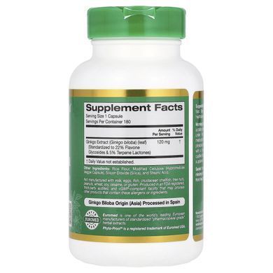Екстракт листя гінко білоба California Gold Nutrition (Ginkgo Biloba Extract EuroHerbs European Quality) 120 мг 180 вегетаріанських капсул