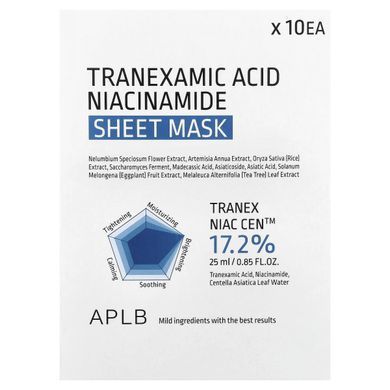 APLB, Tranexamic Acid Niacinamide Beauty Sheet Mask, 10 Sheets, 0.85 fl oz (25 ml) Each