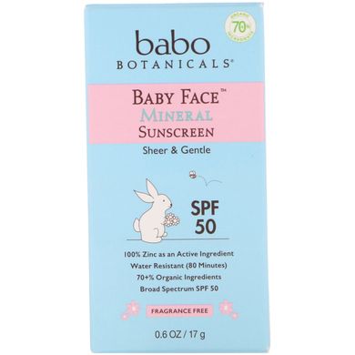 Baby Face, солнцезащитный крем на минеральной основе в виде стика, SPF50, Babo Botanicals, 0,6 унц. (17 г) купить в Киеве и Украине
