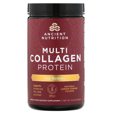 Багато колагеновий білок, відновлення кишечника, натуральний лимонний імбир, Multi Collagen Protein, Gut Restore, Natural Lemon Ginger, Dr Axe / Ancient Nutrition, 292 г