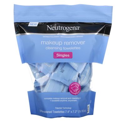 Серветки очищувальні для зняття макіяжу, поодинокі, Makeup Remover Cleansing Towelettes, Singles, Neutrogena, 20 попередньо зволожених серветок