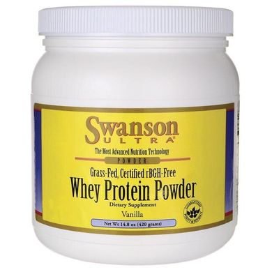 Сертифікований rBGH-безкоштовний ваніло-сироватковий протеїновий порошок Grass-Fed, Grass-Fed, Certified rBGH-Free Vanilla Whey Protein Powder, Swanson, 420 г