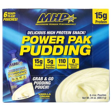 Протеиновый снек Power Pak Pudding, со вкусом ванильного крема, MHP, 6 паучей по 113,4 г (4 унции) каждый купить в Киеве и Украине