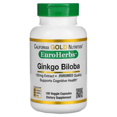 Екстракт листя гінко білоба California Gold Nutrition (Ginkgo Biloba Extract EuroHerbs European Quality) 120 мг 180 вегетаріанських капсул