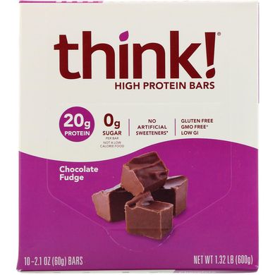 Протеїновий батончик, шоколадна помадка, ThinkThin, 10 батончиків, 60 г (1,1 унція) кожен