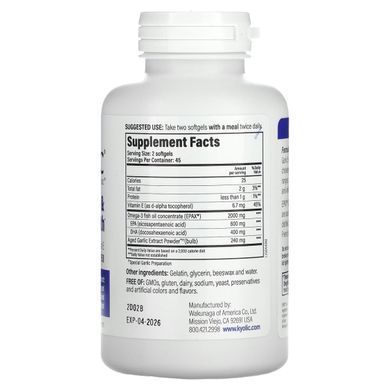 Omega-3, Aged Garlic Extract, Improving Cholesterol Balance and Blood Circulation, Kyolic, 90 Soft Capsules.