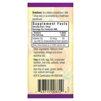 Рідкий вітамін D3 Bluebonnet Nutrition (Liquid Vitamin D3 Drops) 400 МО 30 мл зі смаком апельсина