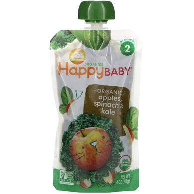 Детское пюре со шпинатом яблоком и к капустой органик Happy Family Organics (Baby Food) 2 этап 4 пакета по 113 г купить в Киеве и Украине