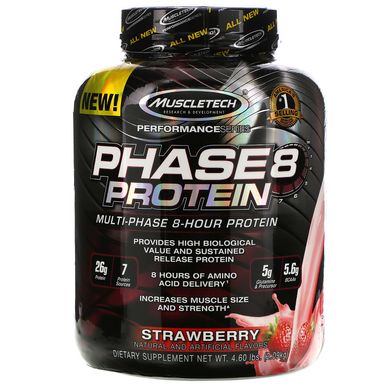 Протеїни, 8 годинне засвоєння, Phase8, Muscletech, Performance Series, смак полуниці, 2,09 кг
