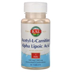 Ацетил-L-карнітин та альфа-ліпоєва кислота, Acetyl-L-Carnitine,Alpha Lipoic Acid, KAL, 500 мг / 200 мг, 60 таблеток