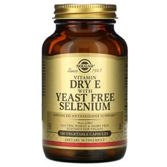 Сухой витамин E с селеном без дрожжей Solgar (Vitamin Dry E With Yeast Free Selenium) 100 вегетарианских капсул купить в Киеве и Украине