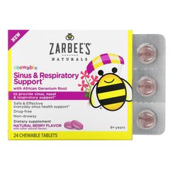 Zarbee's, Підтримка носових пазух та органів дихання з коренем африканської герані, натуральні ягоди, 24 жувальні таблетки