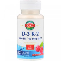 Вітамін Д-3 і K-2, червона малина, D-3 and K-2 ActivMelt, KAL, 1000 МО / 45 мкг, 60 таблеток