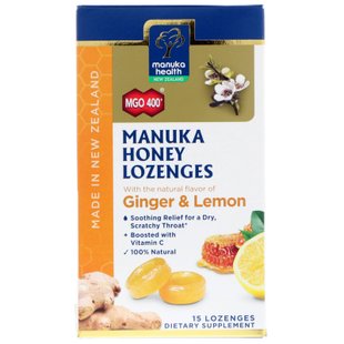 Манука мед вкус лимона и имбиря Manuka Health (Manuka Honey Lozenges MGO 400+) 15 шт. купить в Киеве и Украине